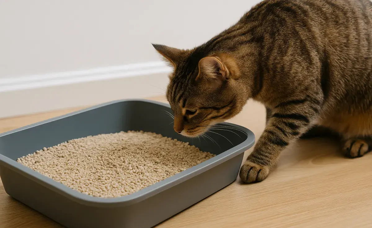 Los gatos pueden comer su arena por curiosidad o temas de mal nutrición. Imagen generada por ChatGPT