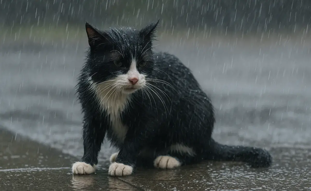 Un gato que se moja con la lluvia puede enfriarse rápidamente. Foto: Generada con ChatGPT