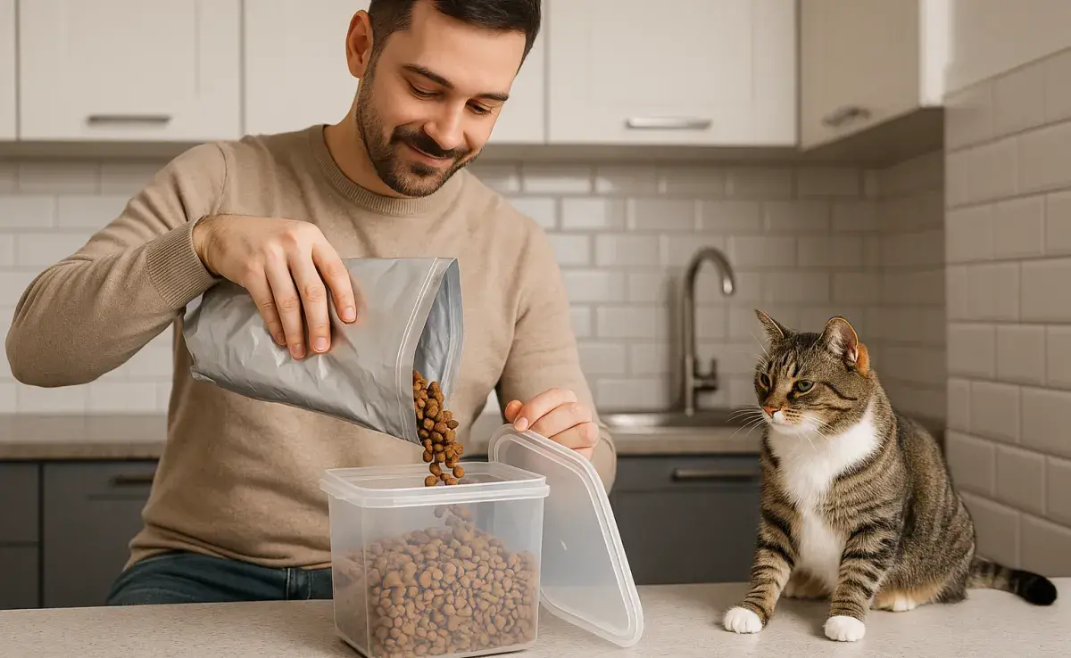 El alimento de tu gato es preferible guardarlo en su bolsa. Foto generada por ChatGPT