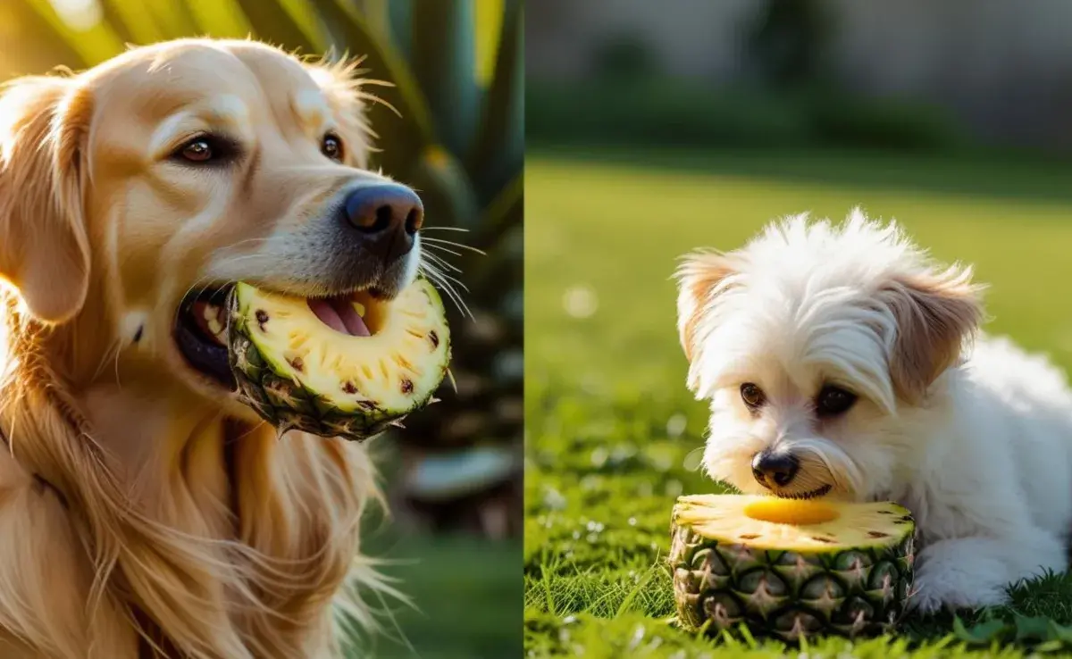 Es recomendable que los perros no coman piña en exceso. Imagen creada en Canva.