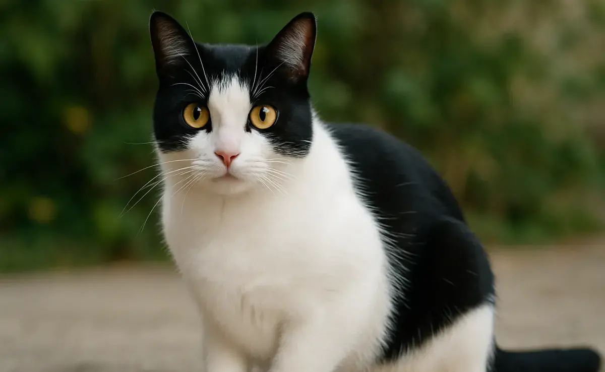 Un gato esmoquin es aquel que tiene una combinación de pelo negro y blanco. Foto: Generada con Chat GPT