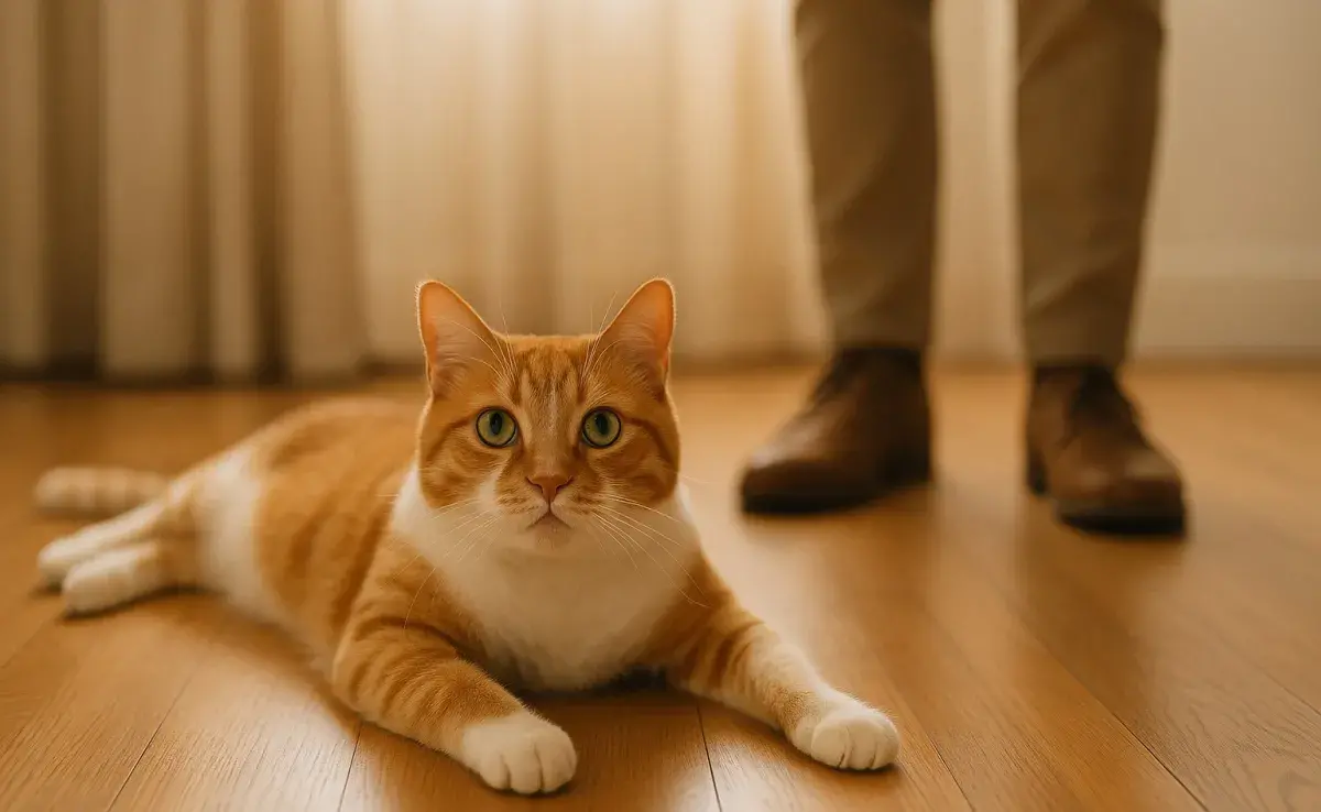 Si tu gato se tira a tus pies, puede ser señal de felicidad. Imagen hecha por ChatGPT.