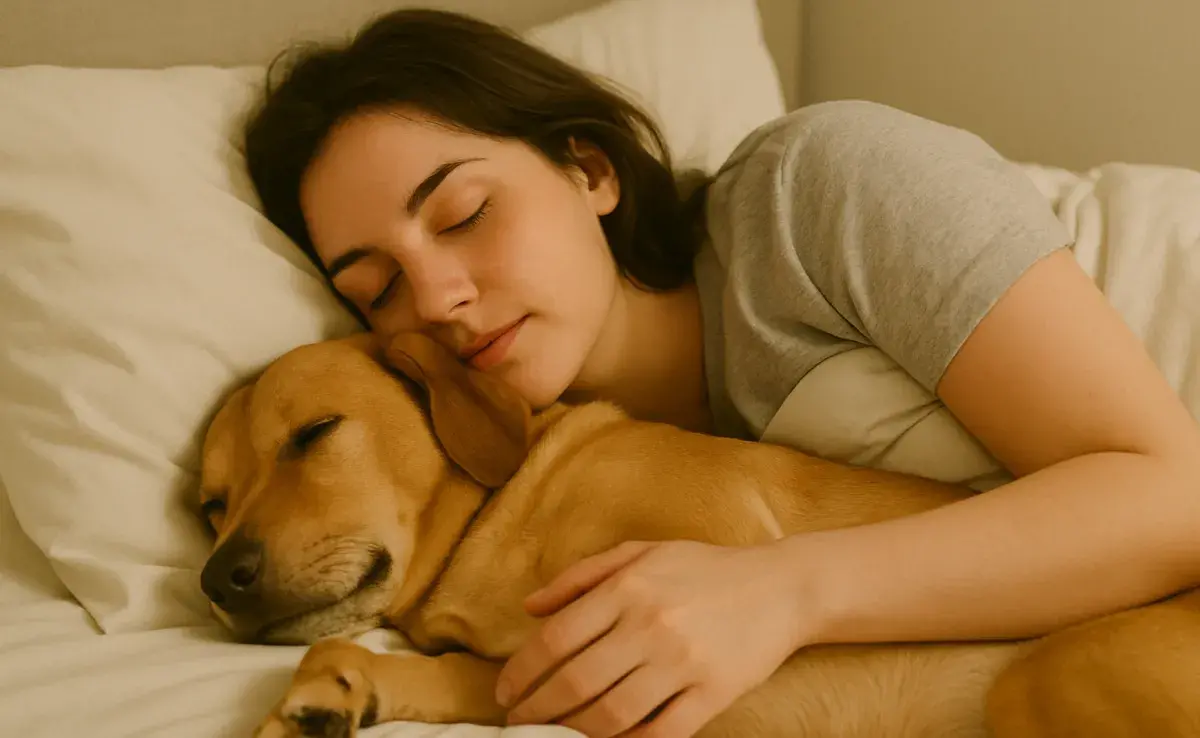Dormir con tu perro o gato puede brindar compañía. Foto: Generada con Chat GPT
