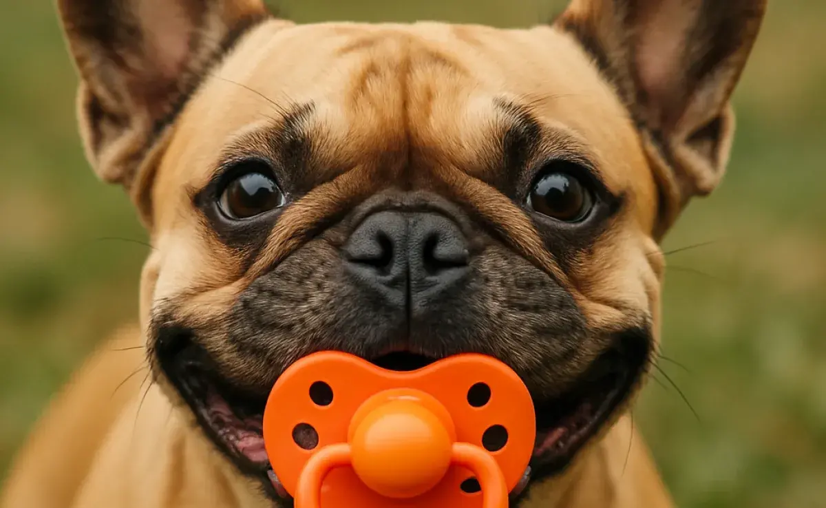 Es peligroso ponerle un chupón a tu perro, pues se puede tragar el silicón. Imagen creada por ChatGPT.
