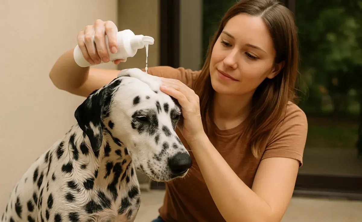 No debes usar shampoo de humanos para bañar a tu perro. Imagen creada por ChatGPT.