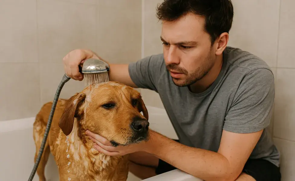Usar tu shampoo para bañar a tu perro puede causarle irritación. Imagen creada por ChatGPT.