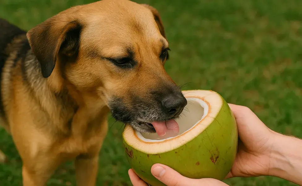 El agua de coco hidrata a tu perro. Solo cuidado con el exceso de azúcar. Imagen creada por ChatGPT.