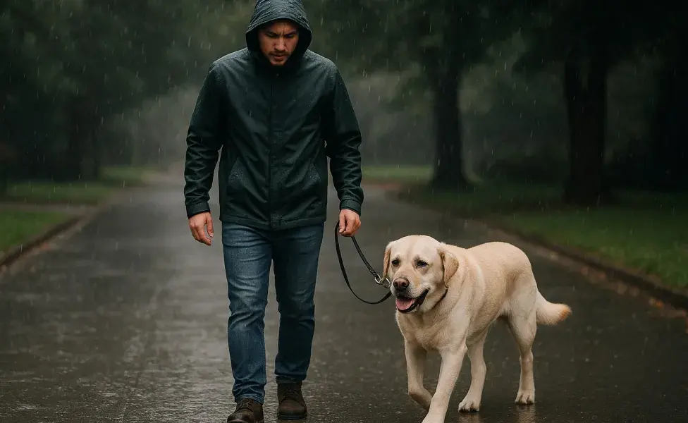 Si tu perro le tiene miedo a la lluvia, no lo obligues a pasear. Imagen creada por ChatGPT.