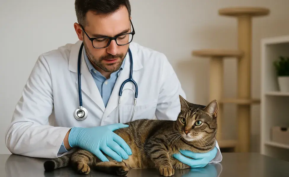 El que tu gato coma arena puede causarle una obstrucción en el intestino. Imagen generada por ChatGPT