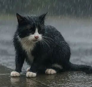 Un gato que se moja con la lluvia puede enfriarse rápidamente. Foto: Generada con ChatGPT