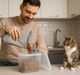 El alimento de tu gato es preferible guardarlo en su bolsa. Foto generada por ChatGPT