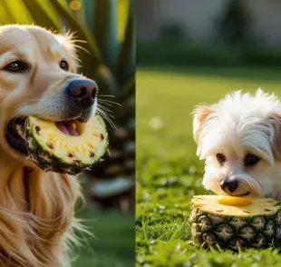 Es recomendable que los perros no coman piña en exceso. Imagen creada en Canva.