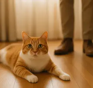 Si tu gato se tira a tus pies, puede ser señal de felicidad. Imagen hecha por ChatGPT.