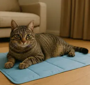 Para mantener a tu gato fresco durante el verano, cómprale un tapete y ponle una botella helada. Imagen creada en ChatGPT.