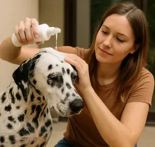 No debes usar shampoo de humanos para bañar a tu perro. Imagen creada por ChatGPT.