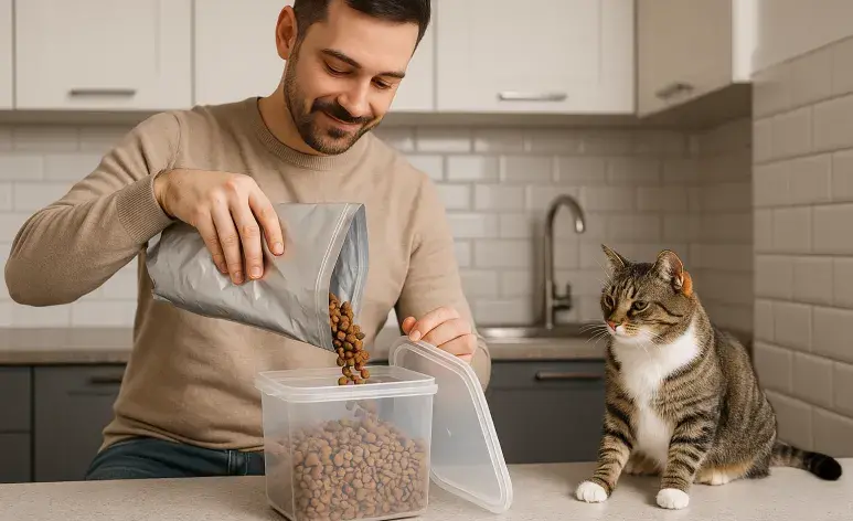 El alimento de tu gato es preferible guardarlo en su bolsa. Foto generada por ChatGPT