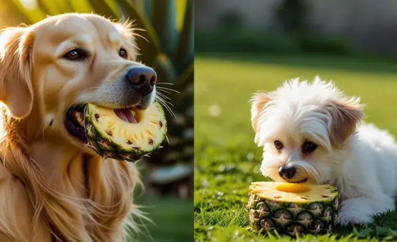 Es recomendable que los perros no coman piña en exceso. Imagen creada en Canva.