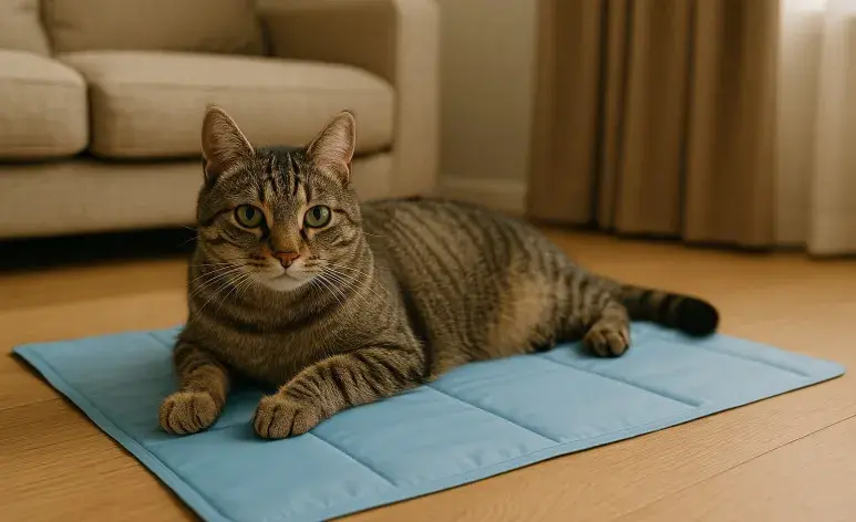 Para mantener a tu gato fresco durante el verano, cómprale un tapete y ponle una botella helada. Imagen creada en ChatGPT.