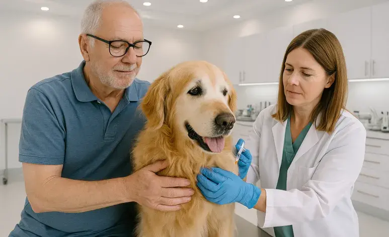 Si tu perro es senior, debes seguir llevándolo al veterinario para que le apliquen vacunas. Imagen creada por ChatGPT.